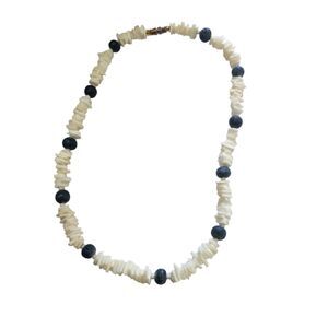 Puka Shell Station Necklace Unisex White Blue Barrel Clasp 16" Hawaiian Surfer